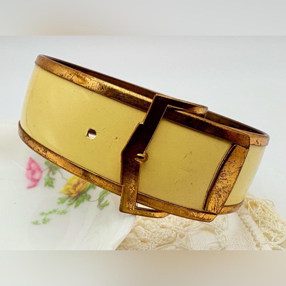 Antique Vintage 1930s Cream Enameled Brass Buckle Bracelet